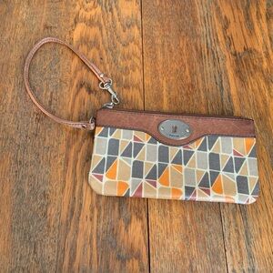 Fossil Key-Per Leather Wristlet Geometric Warm Color all-over print 4" x 7" Y2k